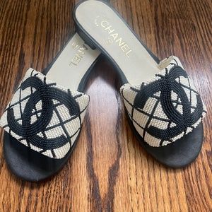 Chanel black and white beaded slides